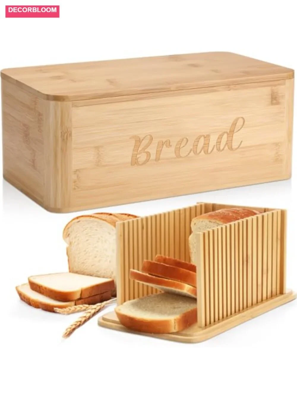 Bread Box with Slicer, 3-in-1 Storage with Bamboo Lid, Multifunction Kitchen